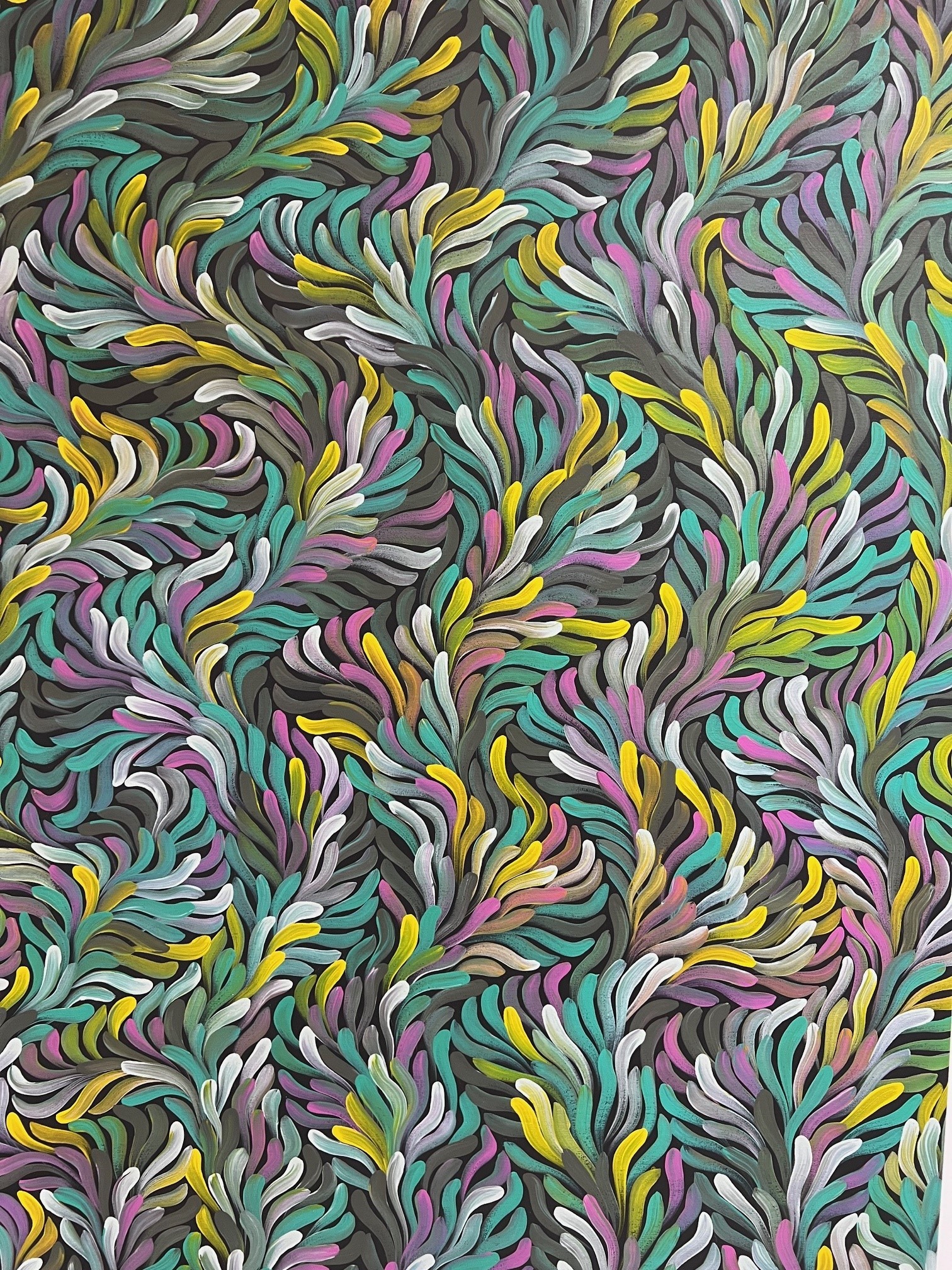 Tjunguringkula Palyantja ‘Coming Together to Be Well Again’, a painting by Audrey Brumby with interwoven, leaf-like flowing brushstrokes in turquoise, yellow, pink, white and grey.